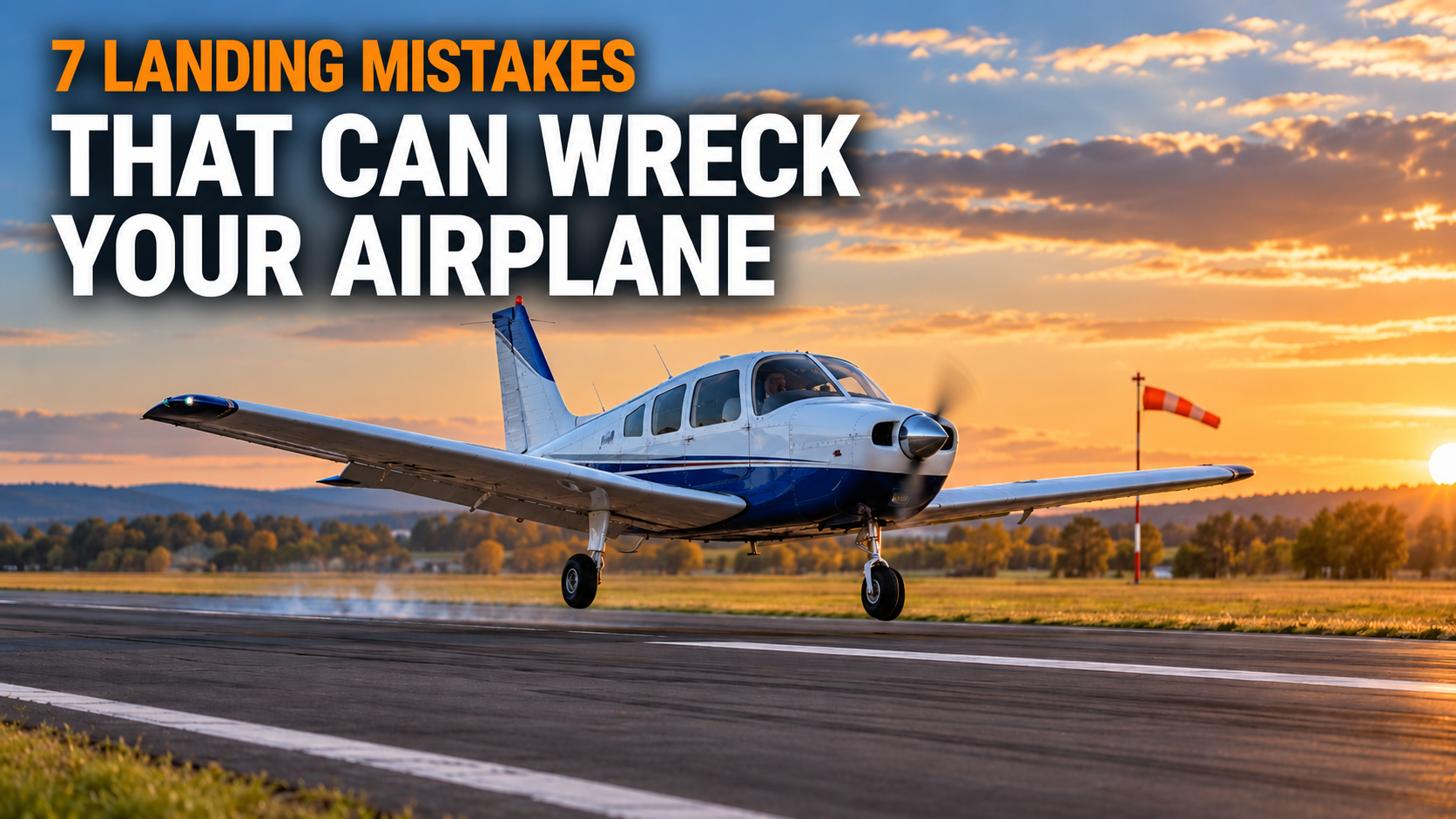 A light training airplane bouncing above a runway beneath the words 7 Landing Mistakes That Can Wreck Your Airplane