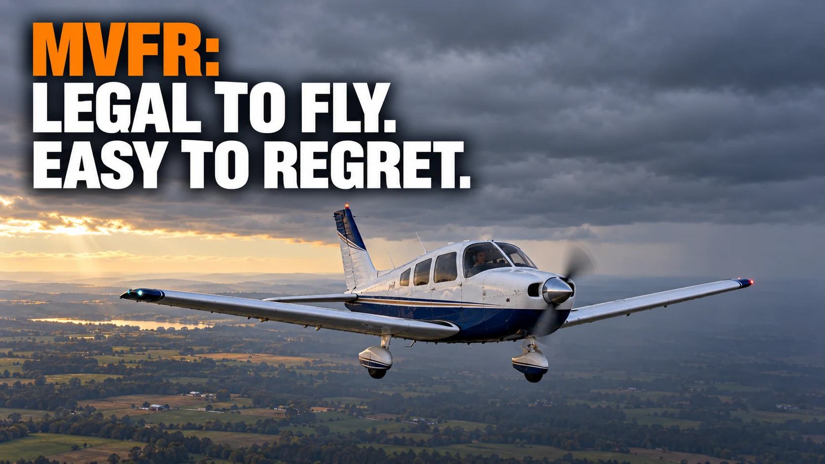 A white and navy training airplane beneath low gray clouds, with clearer weather to the left and the words MVFR: Legal to Fly. Easy to Regret.